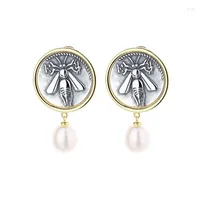Stud Earrings E3 ZFSILVER 925 Silver Fashion High Quality Luxury Gold Retro Greek Bee Ancient Coin Jewelry Women Match-all Gift Girl