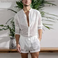 Men's Tracksuits Men's Clothing Fashion Suit Men 2pcs Clothes Set Hollow Out Sexy Lace Short Sleeve Casual T Shirt Top Shorts Summer Solid Color W0329