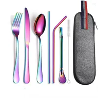 Dinnerware Sets Stainless Steel Outdoor Portable Tableware Set 7-piece Fork Spoon Chopsticks Straw