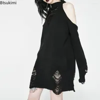 Women's Sweaters Women Black Gothic Long Punk Hollow Out Off Shoulder Thin Hole Pullover Jumpers Cool Broken Knit Sexy Sweater Female