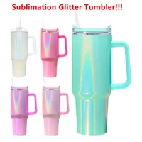 40oz Sublimation Glitter Tumbler with Handle Stainless Steel Beer Mug Insulated Travel Mug Travel Coffee Mug Shimmer Tumbler DIY