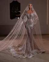 Sexy Mermaid Wedding Dresses Long Sleeves V Neck Beaded Sequins Appliques 3D Lace Hollow Sparkly Bridal Gowns Lace-up Bridal Gowns Plus Size Vestido de novia Custom