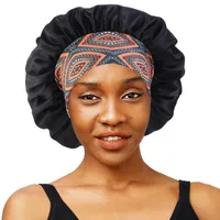 New African Design Wide Band Satin Bonnet Night Sleep Cap Solid Color For Women Curly Braid Hair Care Styling Accessories