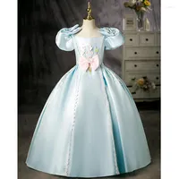 Girl Dresses 4-12Y Classic Satin Kids Ball Gown Blue Appliques Beading Lace Flower Bow Puff Sleeve Evening Dress Party Wear