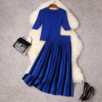 Work Dresses High Quality Sweater Sets 2023 Autumn Winter 2 Piece Women Blue Pullovers A-Line Knitted Skirt Ladies Soft Knitwear