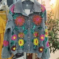 Women's Jackets 2023 Denim Jacket Floral Embroidery Sequins Loose Coat Long Sleeve Outerwear Women Y701