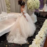 Flicka klänningar blomma full ärmar vestidos infantis lång klänning för barn tyll primera comunion mantel mariage filla