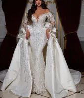 Luxury Mermaid Wedding Dresses Long Sleeves V Neck Appliques Sequins Beaded Ruffles Detachable Train 3D Lace Floor Length Bridal Gowns Custom Made abiti da sposa