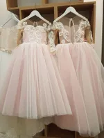 Girl Dresses Pink Flower Tulle Lace Applique Sheer Neck Cap Sleeves Ball Gown Sweep Train Kids Child Formal Party Gowns