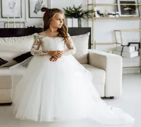 In STock Flower Girl Dresses Sheer Long Sleeve Appliques Lace Children Birthday Wedding Dress MC23082484922