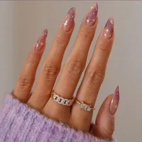 False Nails 24pcs Purple Stripe Long Almond Press On Stiletto Head Full Cover Fake With Star Moon Designs French Nail Tips
