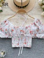 Women's Blouses SINGREINY Summer Floral Print Crop Tops Women Halter Short Sleeve Elastic Waist Fashion 2023 Ladies Chic Casual Y2K Blouse