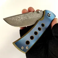 Custom Chaves Redencion 228 Folding Knife Beautiful Damascus Blade Five Hole Anodized Titanium Handles Outdoor Tactical Knives Cam290g