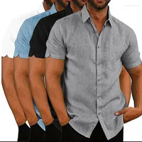 Men's Casual Shirts Cotton Linen Blouse Summer Men Turn Down Collar Short Sleeve Button Loose Tops Oversized M-3XL