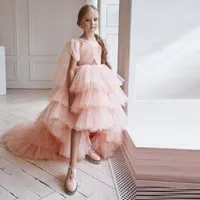 Girl Dresses 2023 Princess High Low Tiered Scoop Flower Tulle Ruffles Sweep Train First Communion Dress Pearls Pageant Gowns