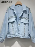 Women's Jackets 2023 Spring And Autumn Heavy Industry Pearl Color Denim Jacket For Women Loose Rhinestone Jean Coat Outerwear Top