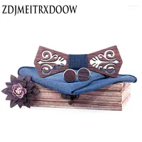 Bow Ties Fashion Cutout Flower Pattern Wooden Tie And Handkerchief Corbatas Cufflinks Gift For Gentleman Brooch Flowers Set