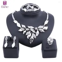 Necklace Earrings Set Vintage Silver Color Crystal Leaves Elegant Earring Bracelet Ring Party Jewelry