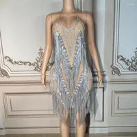 Stage Wear Sparkly Rhinestones Sequins Fringes Halter Backless Dress Sexy Transparent Celebrate Evening Prom Birthday Pography