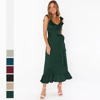 Casual Dresses 2023 Summer Women Ruffled Satin Elegant Sleeveless Long Ladies Sexy Party Sling Bridesmaid Dress With Belt Femme 6 Color