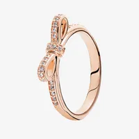 High quality Rose gold plated Classic Bow Rings Fashion Jewelry with Original box for Pandora Real Sterling Silver cz diamond Ring213k