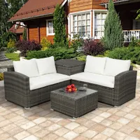 Cyned PE Rattan Wicker Sectional Soffa Set Garden 4 PCS Outdoor Patio Furniture Set (Beige Cushion) US Stock