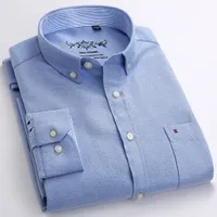 Men's Casual Shirts Men's Long Sleeve Oxford Plaid Striped Casual Shirt Front Patch Chest Pocket Regularfit Buttondown Collar Thick Work Shirts 230329