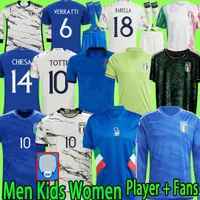 2023イタリアサッカージャージープレーヤーバージョンMaglie Da Calcio Longleghini Chiesa Barella Italia 23 24ゴールキーパーサッカーシャツ女性男性セットキッズキットユニフォーム