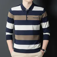Mens Polos MLSHP Autumn Winter Long Sleeve Striped Polo Shirts Fashion Turn Down Collar Knitted Business Loose Casual Man Tops 3XL 230329