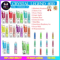 Crystal Legend 4000 Puflar Tek Kullanımlık Elektronik Sigaralar 1350mAh Pil% 2 Kapasite 4000 Puflarla Ekstra Vape Kalem Kiti% 100 Kalite Buharlar Toptan