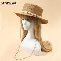 Wide Brim Hats Bucket Hats Designer Chain Necklace Sun Hats With Pearl For Women Summer Foldable Beach Hats Ladies Fashion Party Hat Wholesale 230329