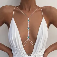 Nose Rings Studs Fashion Emerald Green Crystal Chest Chain Bras Chain Body Jewelry For Women Trendy Sexy Body Chain Beach Party 230328