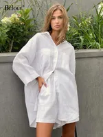 Jurk BCLout-Conjunto de pantalones Cortos de lino para mujer conjunto de 2 piëzas camisetas blancas de manga larga pantalones cortos