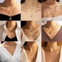 Pendant Necklaces Fashion Vintage Star Moon Sun Shell Letter Crystal Water Drop Necklace For Women Female Multilevel Chain Jewelry Gift