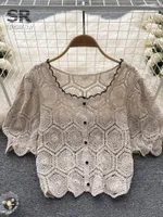 Women's Blouses SINGREINY Lace Knit Crop Tops Women French O Neck Short Sleeve Ruffled Hollow Out Sweet Ladies Y2K Fashion Casual Blouse