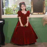 Girl Dresses Red Flower Girls Dress Square Collar Short Long Sleeve Bowknot Velvet Wedding Party Gown Simple Elegant Kids Prom