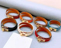 Designer women Bangle bracelet leather rivets Fashion H gold and silver buckle punk style narrow double ring couple same style bracelet men gift