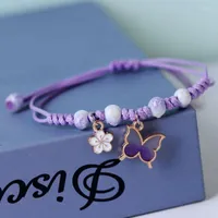 Charm Bracelets Korean Handmade Woven Butterfly Flower Pendant Purple Bracelet For Women Girls Sweet Jewelry Bangle