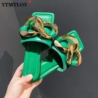 Slippers Summer Plaza Open Toe Sandals and Slippers Women's Metal Large Chain Flat Bottom Slippers Women's Shoes 230330