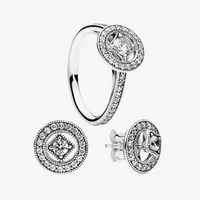 Vintage Circle Ring & Stud Earring sets Women Wedding Jewelry for Pandora 925 Silver CZ diamond Rings and Earrings with Original b256S