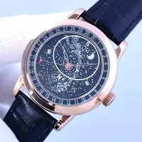 PP 6102R Automatic Mens Watch 44mm Black Dial 8215 Mechanical Moon Phase leather Bracelet Watches 316L Fine steel Pin buckle275p