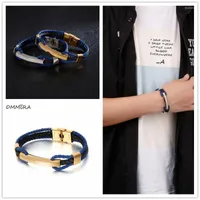Bangle 2023 Cool Blue Cowhide Weaving Men Leather Bracelet Gold Color Stainless Steel Tape Buckle Trendy