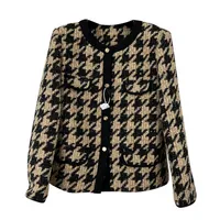 Spring Black Houndstooth Contrast Trim Tweed Jacket Long Sleeve Round Neck Panelled Single-Breasted Jackets Coat Short Outwear A2N086423