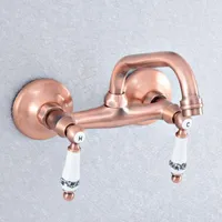 Kitchen Faucets Antique Red Copper Two Ceramic Handle 2 Hole Wall Bathroom Basin Faucet Sink Cold Mixer Tap Swivel Spout 360' Dsf892