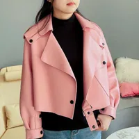Women's Leather JANEFUR Genuine Jacket Women 2023 Fashion Casual Short Female Pink Sheepkskin Coat With Belt