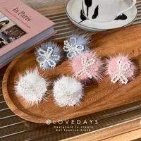 Stud Earrings Korean Sweet Cute Pink White Pom Hairball Fashion Imitation Pearl Crystal Flower Autumn Winter Women Earring