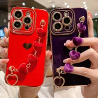 Cell Phone Cases Wrist Strap Chain Plating Phone Case For IPhone 14 13 12 11 Pro Max XS Max XR X 14 Plus Shockproof Love Heart Soft Back Cover Z0329