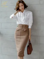 Two Piece Dress H Han Queen Elegant 2 Set Office Women White Shirts & Pencil Skirts Spring Autumn Casual Work Suits