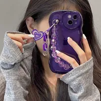 Cell Phone Cases Japan Korea Simple Purple Bead Bracelet Love Heart Pendant Soft Phone Case For IPhone 14 12 11 13 Pro XR X XS Max Back Cover Z0329