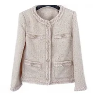 Spring Pink Solid Color Contrast Trim Tweed Jacket Long Sleeve Round Neck Sequins Single-Breasted Jackets Coat Short Outwear A2N086365